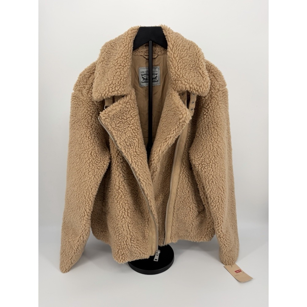 Levis Womens Faux Fur Sherpa Moto Jacket Camel Tan Teddy Biker Coat Large NEW